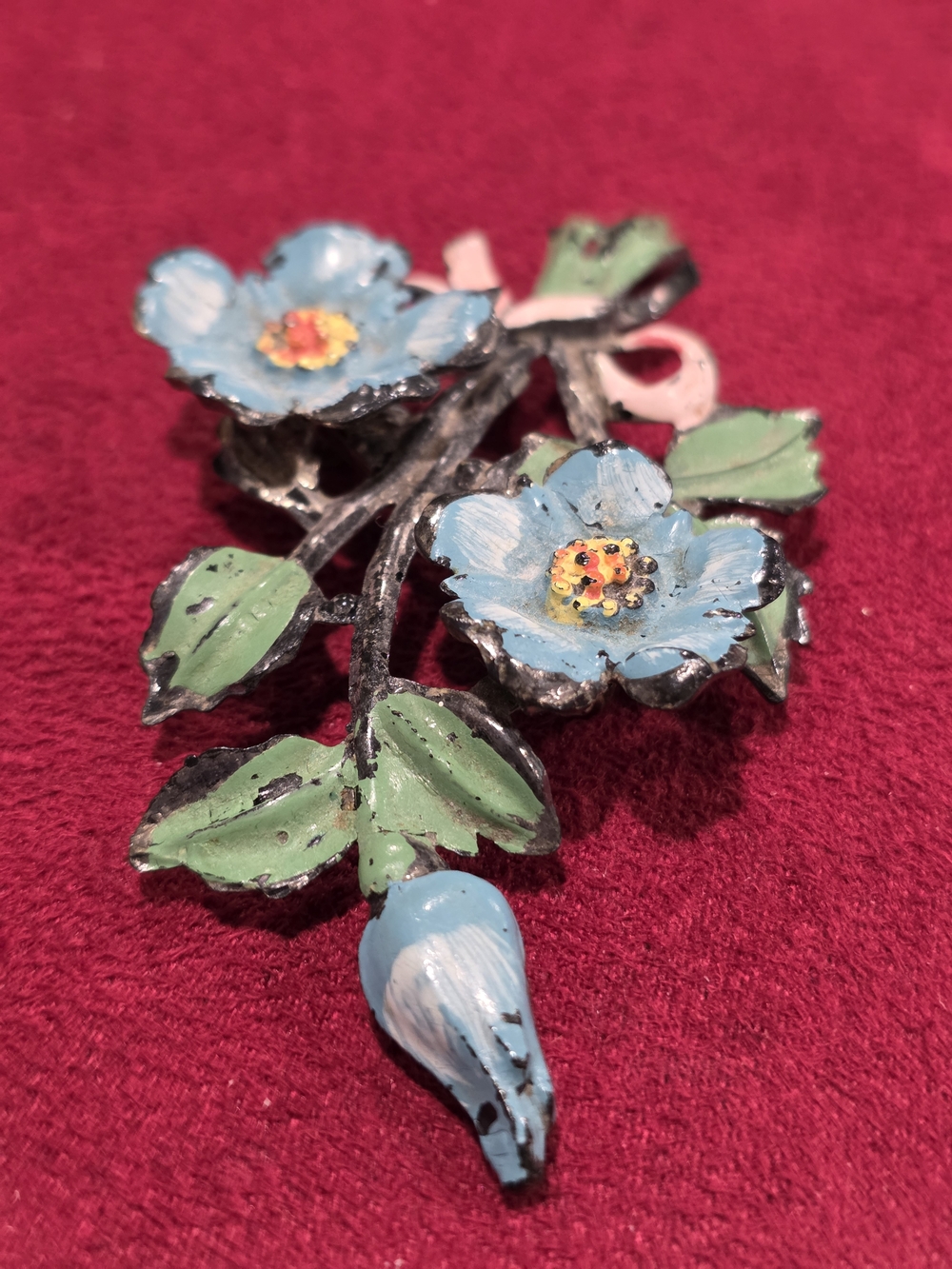 Celluloid Floral Bouquet Brooch with Blue Flowers - Picture 4 of 4